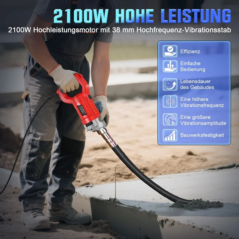 Betonrüttler 2100W mit 38 mm Vibrationskopf – Für Fundamente, Bauarbeiten und Bodenplatten