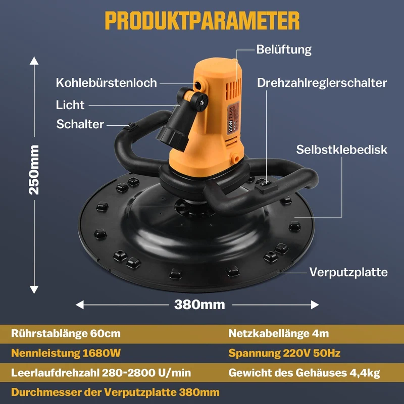 2-in-1 Putzglättmaschine + Betonmischer – 1680W, LED, 6-Gang Drehzahl, Vielseitig