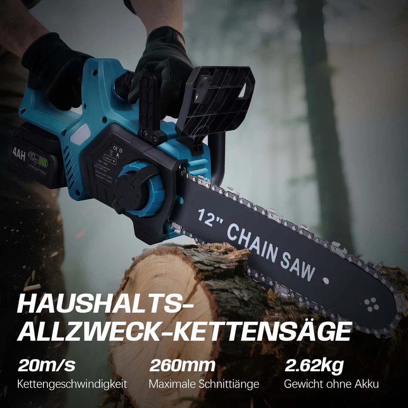 XIIW Akku-Kettensäge 12 Zoll mit 2×4,0-Ah-Akkus – 1000 W bürstenlos, 20 m/s, automatische Ölung, werkzeuglose Spannung