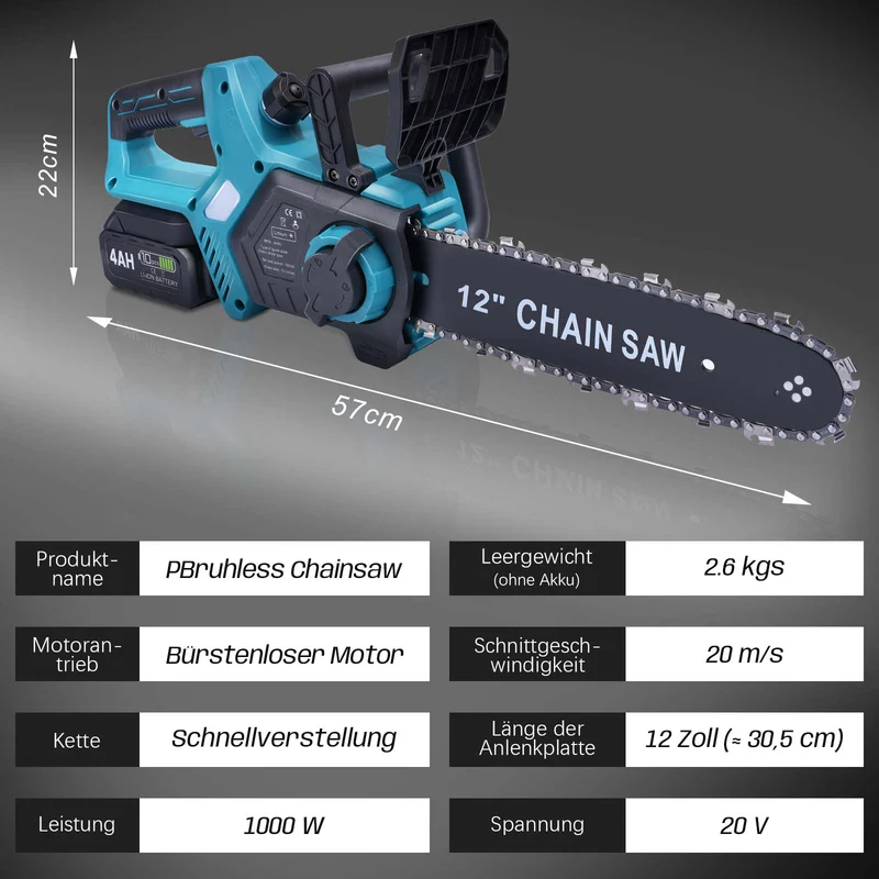 XIIW Akku-Kettensäge 12 Zoll mit 2×4,0-Ah-Akkus – 1000 W bürstenlos, 20 m/s, automatische Ölung, werkzeuglose Spannung