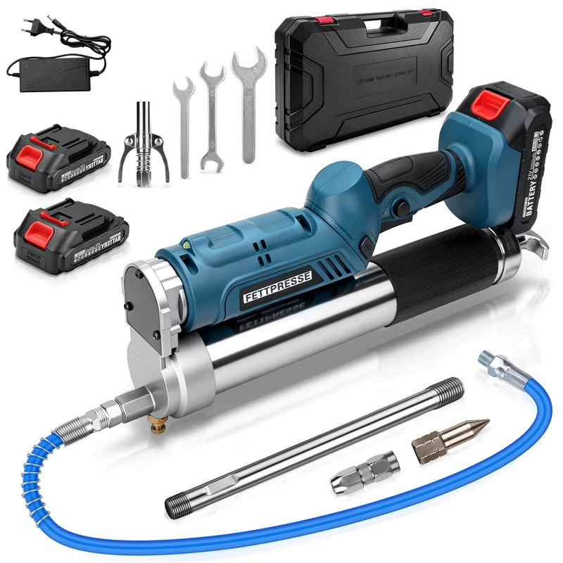 Akku-Fettpresse 18-21V Hochdruck 12000 PSI mit LED, 2-in-1 Handgriff und vielseitigen Düsen für Maschinenwartung