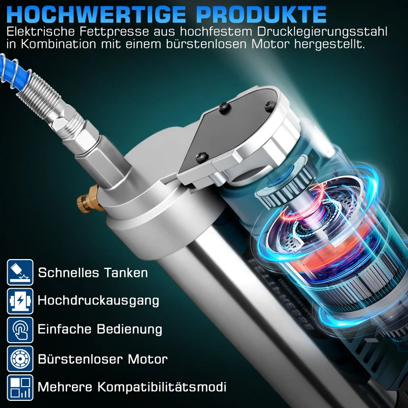 Akku-Fettpresse 18-21V Hochdruck 12000 PSI mit LED, 2-in-1 Handgriff und vielseitigen Düsen für Maschinenwartung