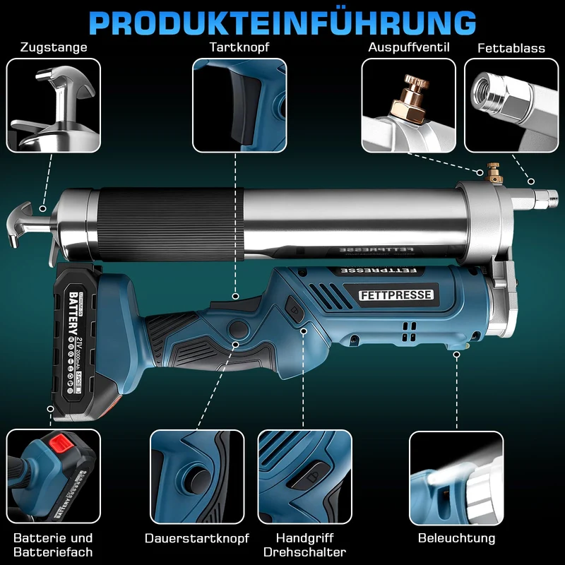Akku-Fettpresse 18-21V Hochdruck 12000 PSI mit LED, 2-in-1 Handgriff und vielseitigen Düsen für Maschinenwartung