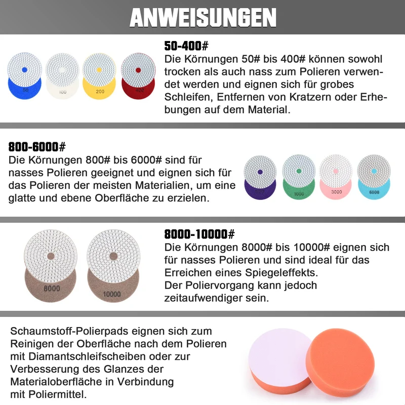 Diamant Polierscheiben Set – 12-tlg. mit M14 Zubehör & Bohreraufsatz