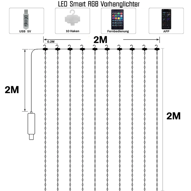 Intelligente Vorhanglichter – 300 LEDs, 3×3 m, 16 Millionen Farben, App Fernbedienung
