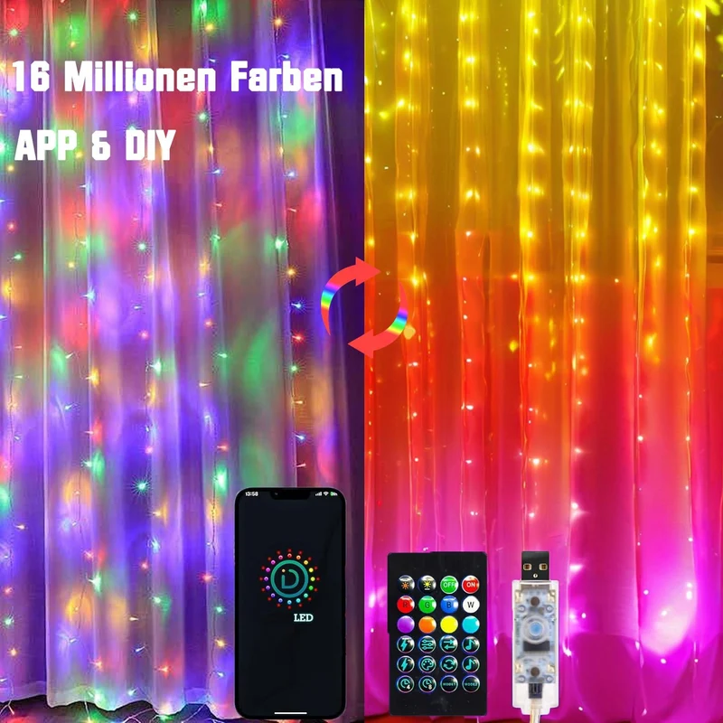 Intelligente Vorhanglichter – 300 LEDs, 3×3 m, 16 Millionen Farben, App Fernbedienung