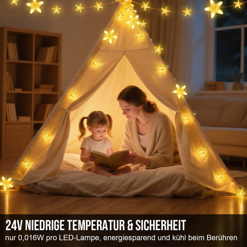 Sterne Lichterkette 2 m, 144 LEDs, Warmweiß, 8 Modi, Timer, IP44, für Innen & Außen