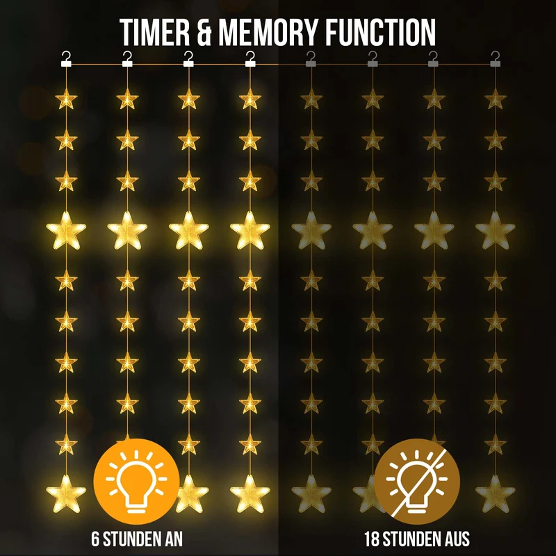 Sterne Lichterkette 2 m, 144 LEDs, Warmweiß, 8 Modi, Timer, IP44, für Innen & Außen