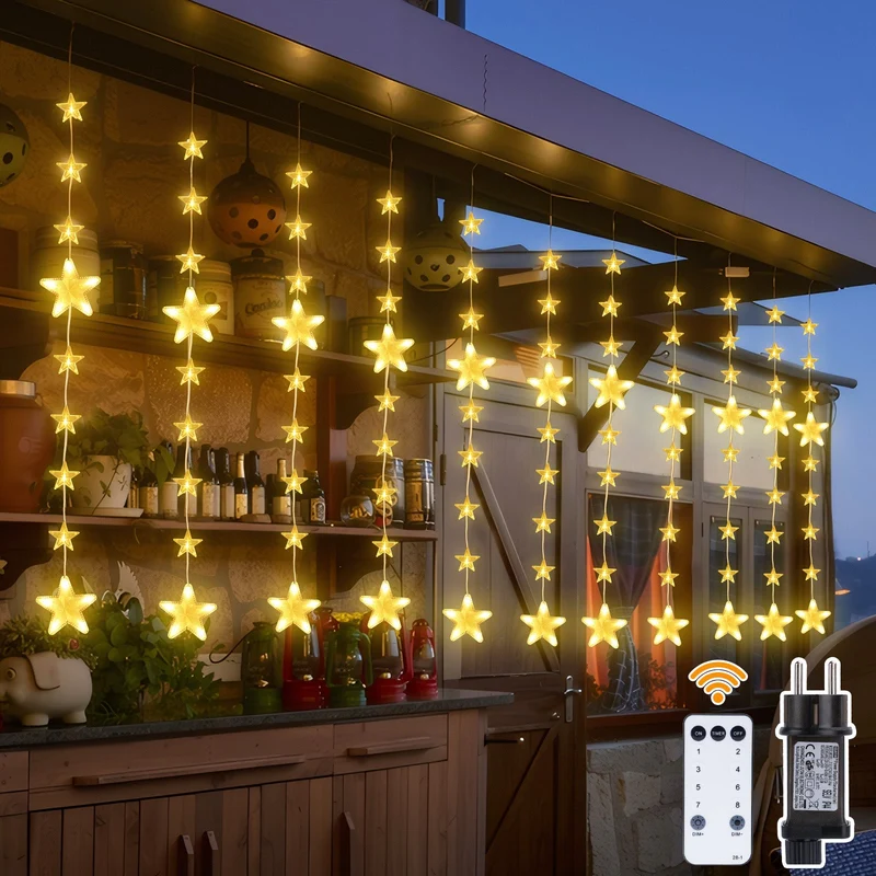 Sterne Lichterkette 2 m, 144 LEDs, Warmweiß, 8 Modi, Timer, IP44, für Innen & Außen