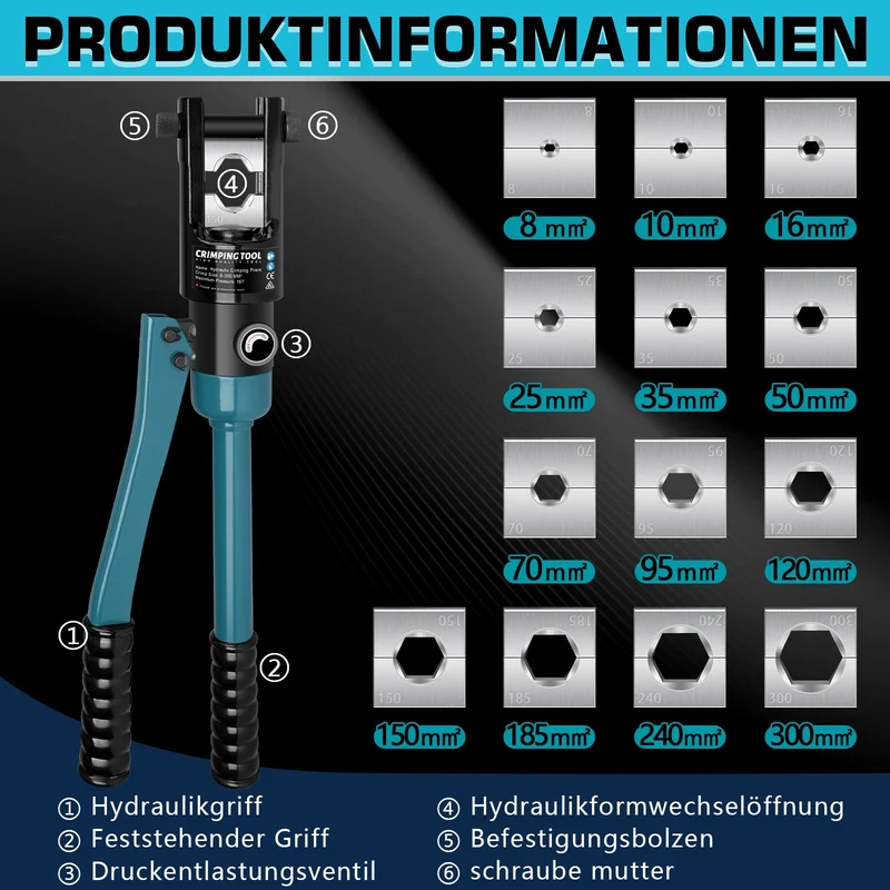 Hydraulische Crimpzange Set 8–300 mm² mit 13 Matrizen & Kabelschneider – Profi-Werkzeug für Elektrik, Industrie & KFZ