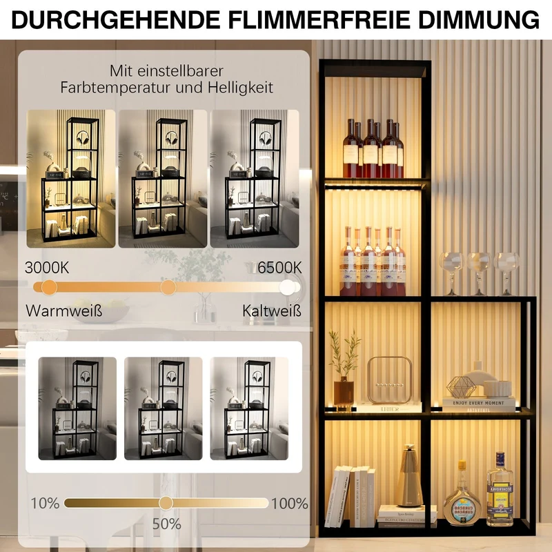 Massivholz Regal mit LED Beleuchtung – Zwei gehärtete Glasablagen, dimmbar, platzsparend, modern für Wohnzimmer oder Büro