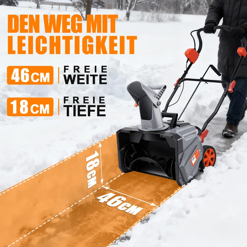 Kabelloser 1500W Akku Schneefräser 46cm Breite, 6m Wurfweite, IPX4