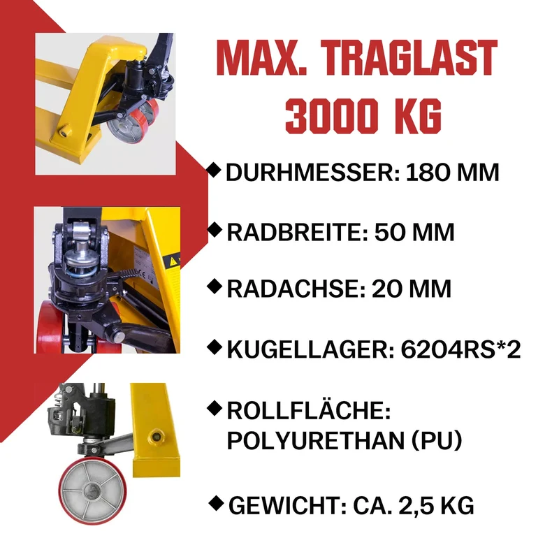 PU-Lenkräder 2er-Set 180x50 mm für Hubwagen – Leise, Tragfähig bis 3000 kg – Ersatzräder
