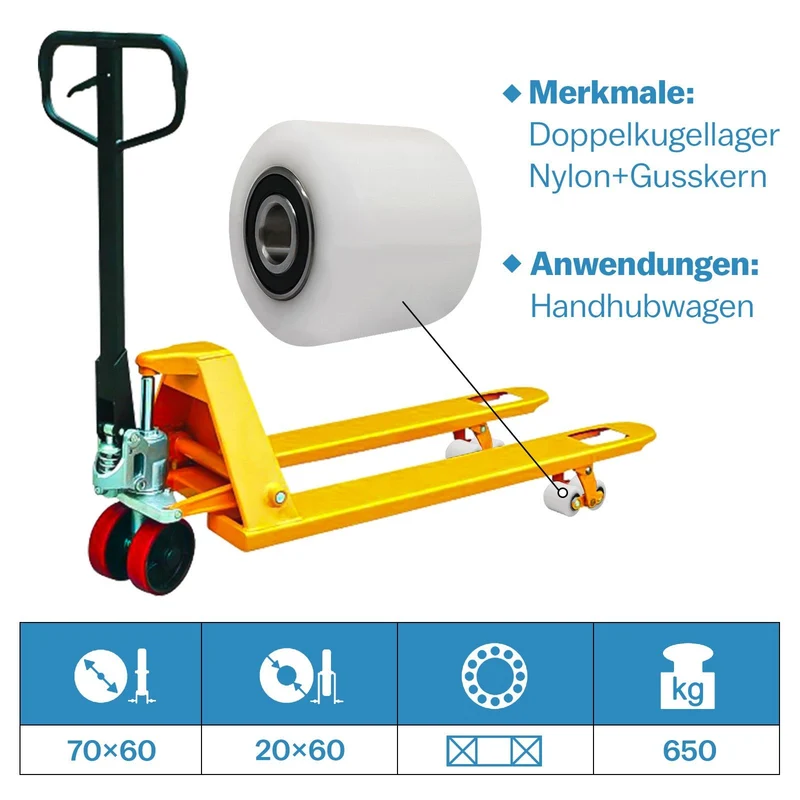 Nylonräder 4er-Set für Handhubwagen 70x60 mm – Bodenschonend, Leise, Tragfähigkeit 650 kg – Ersatzräder für Gabelhubwagen
