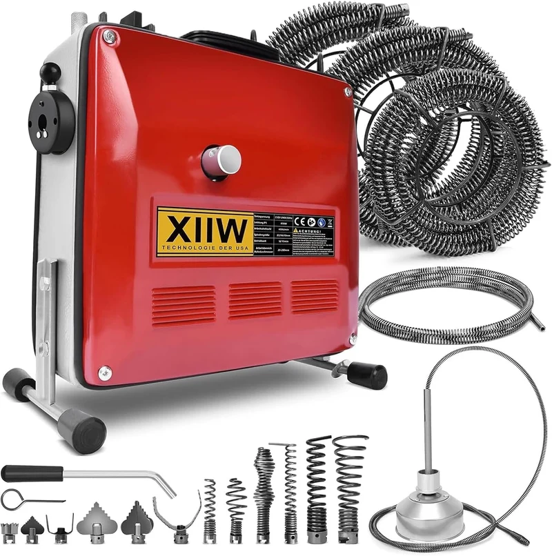 Rohrreinigungsmaschine 850W Set, Ø20-200mm Rohrleitungen, Spiralen 28/14,5/5m, 12 Köpfe