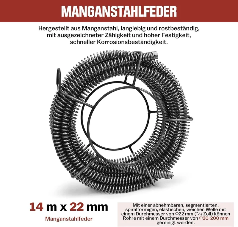 Rohrreinigungsmaschine 850W Set, Ø20-200mm Rohrleitungen, Spiralen 28/14,5/5m, 12 Köpfe