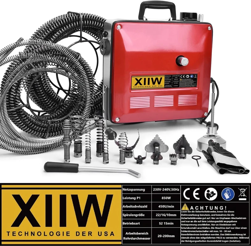 Elektrischer Rohrreiniger 850W, Ø20-200mm, Spiralen 16/22/10mm, 12 Köpfe