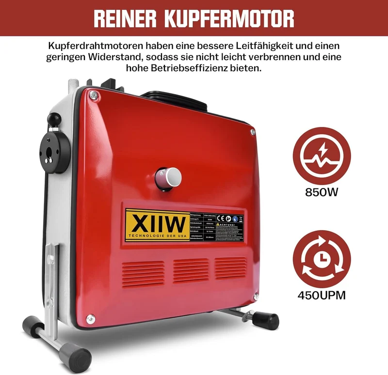 Elektrischer Rohrreiniger 850W, Ø20-200mm, Spiralen 16/22/10mm, 12 Köpfe