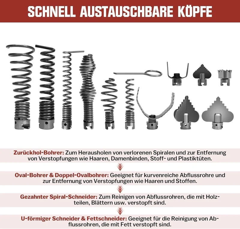 Elektrischer Rohrreiniger 850W, Ø20-200mm, Spiralen 16/22/10mm, 12 Köpfe