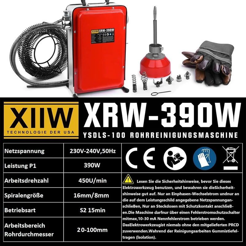 Rohrreiniger 390W mit 16mm 33M Spirale, Ø20-100mm Rohrreinigungsmaschine