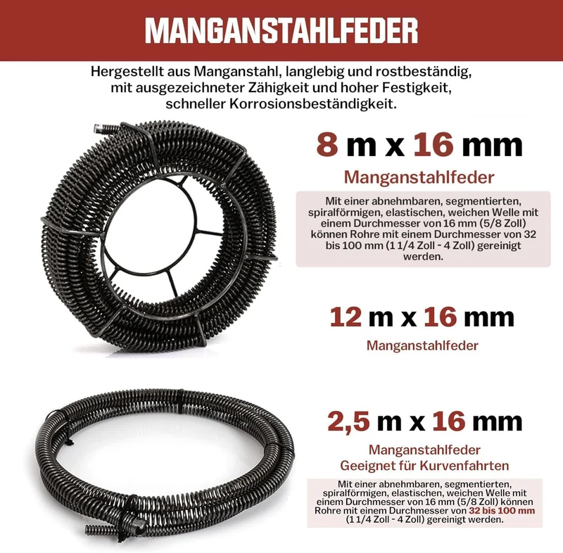 Rohrreiniger 390W mit 16mm 33M Spirale, Ø20-100mm Rohrreinigungsmaschine