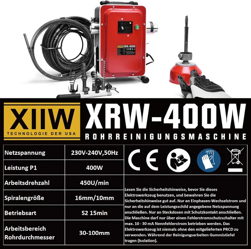 Elektrische Rohrreinigungsmaschine 400W Rohrreiniger Abflussreiniger, Ø30-100mm, 26,5M Spirale