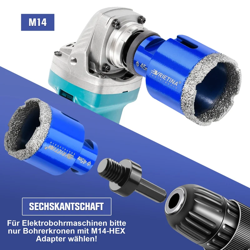 XIIW Diamantbohrkrone M14 für Winkelschleifer | Profi Fliesenbohrer Vakuumgelötet | Trockenbohrkrone für Feinsteinzeug, Granit & Beton
