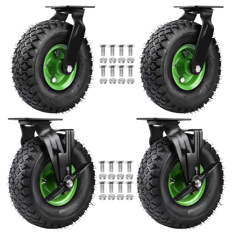 4er-Set Schwerlastrollen 250mm – 2 Lenkrollen mit Bremse + 2 Bockrollen, Luftreifen, 135kg Tragkraft pro Rolle