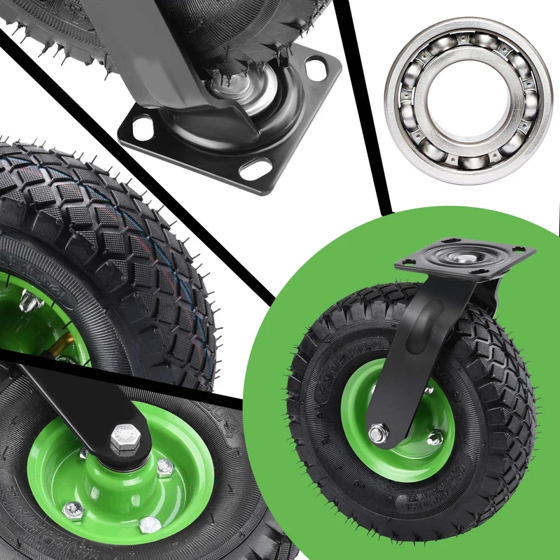 4er-Set Schwerlastrollen 250mm – 2 Lenkrollen mit Bremse + 2 Bockrollen, Luftreifen, 135kg Tragkraft pro Rolle