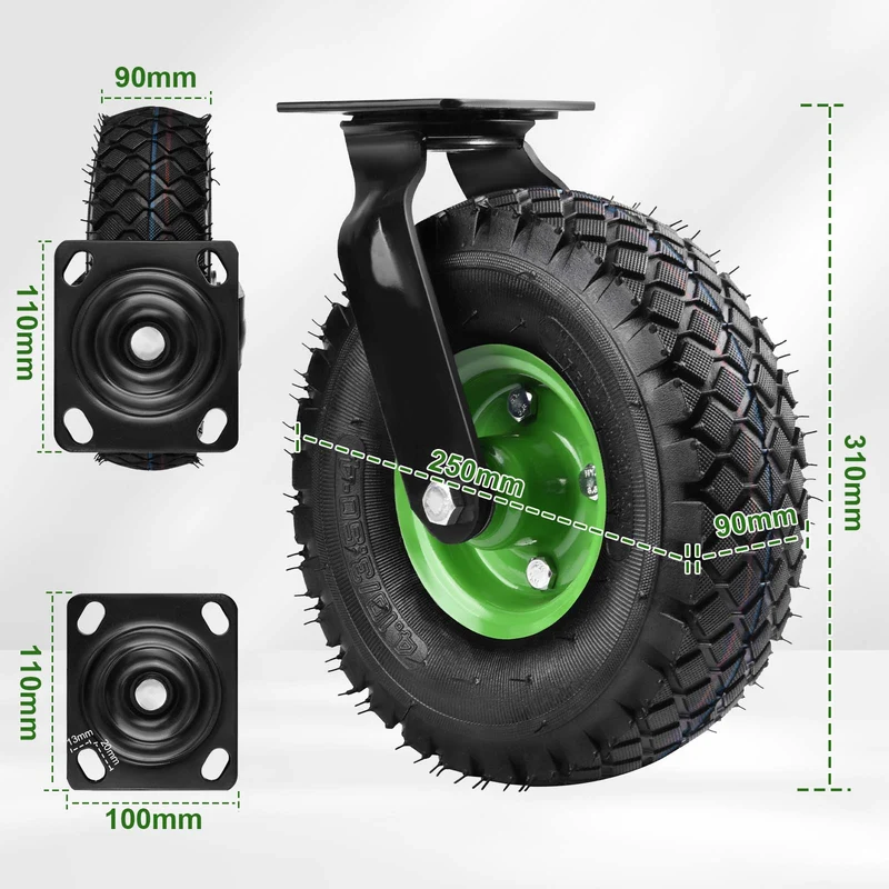 4er-Set Schwerlastrollen 250mm – 2 Lenkrollen mit Bremse + 2 Bockrollen, Luftreifen, 135kg Tragkraft pro Rolle