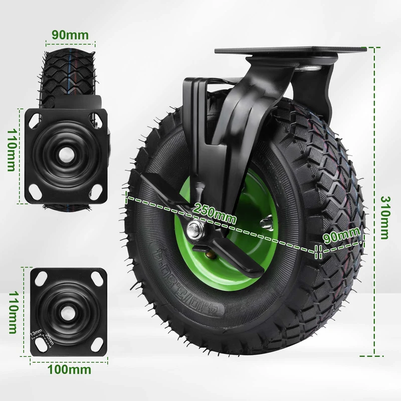 4er-Set Schwerlastrollen 250mm – 2 Lenkrollen mit Bremse + 2 Bockrollen, Luftreifen, 135kg Tragkraft pro Rolle