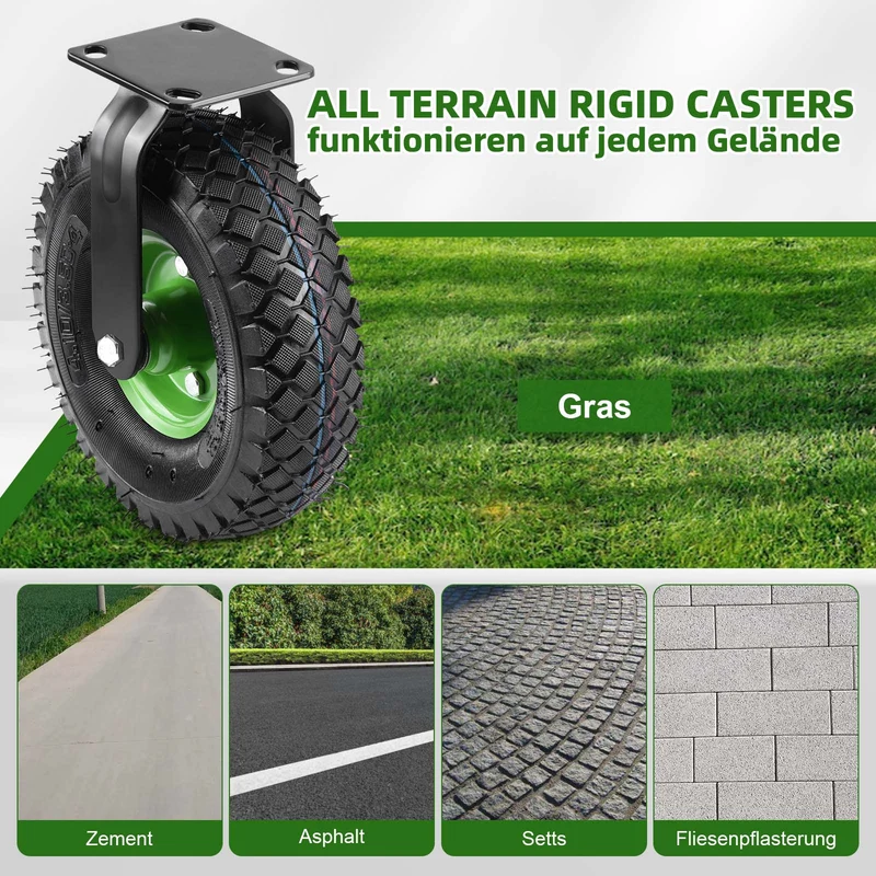 4er-Set Schwerlastrollen 250mm – 2 Lenkrollen mit Bremse + 2 Bockrollen, Luftreifen, 135kg Tragkraft pro Rolle