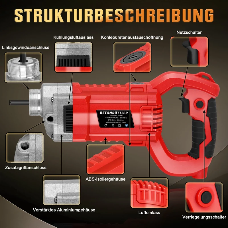 Betonrüttler 2100W mit 38 mm Vibrationskopf – Für Fundamente, Bodenplatten und Bauarbeiten