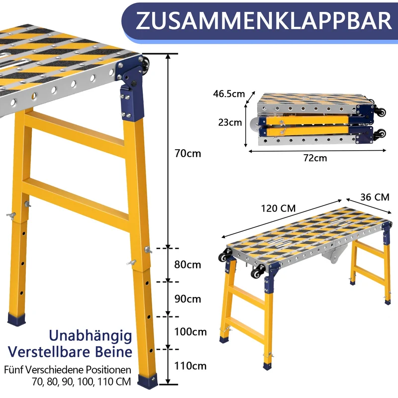 XIIW 500kg Multifunktionale Arbeitsplattform | Höhenverstellbarer Schweißtisch & Gerüst 70-110cm | Mobiler Arbeitstisch aus 42CrMo4 Legierungsstahl