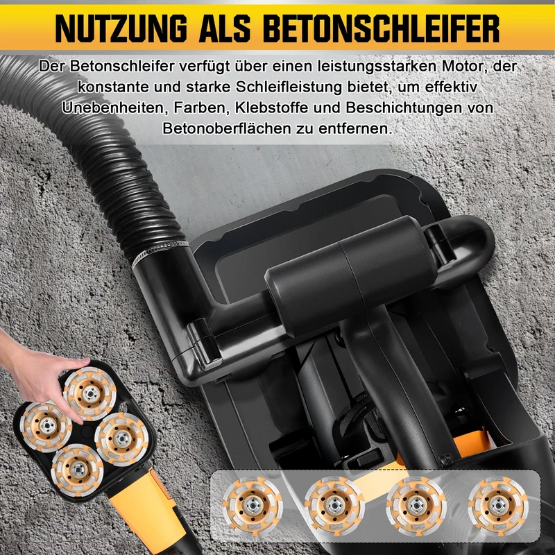 XIIW 3800W Betonschleifer Set mit 16-tlg. Zubehör – 4-Kopf-Sanierungsschleifer zum Schleifen von Beton, Estrich & Kleberresten – 6000 U/min