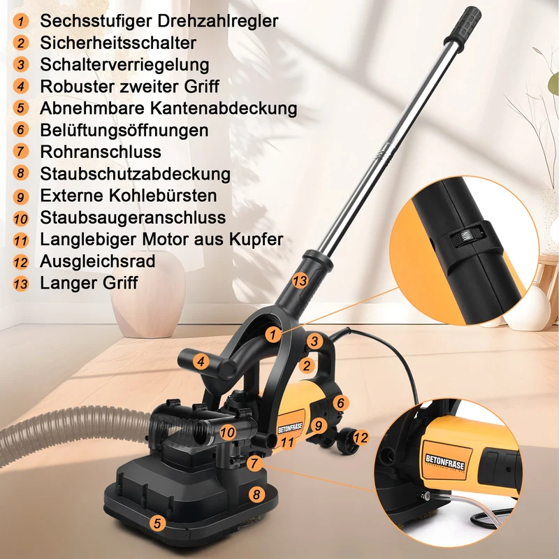 XIIW 3800W Betonschleifer Set mit 16-tlg. Zubehör – 4-Kopf-Sanierungsschleifer zum Schleifen von Beton, Estrich & Kleberresten – 6000 U/min