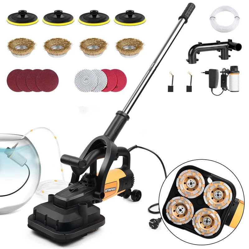 XIIW 3800W Betonschleifer Set mit 16-tlg. Zubehör – 4-Kopf-Sanierungsschleifer zum Schleifen von Beton, Estrich & Kleberresten – 6000 U/min