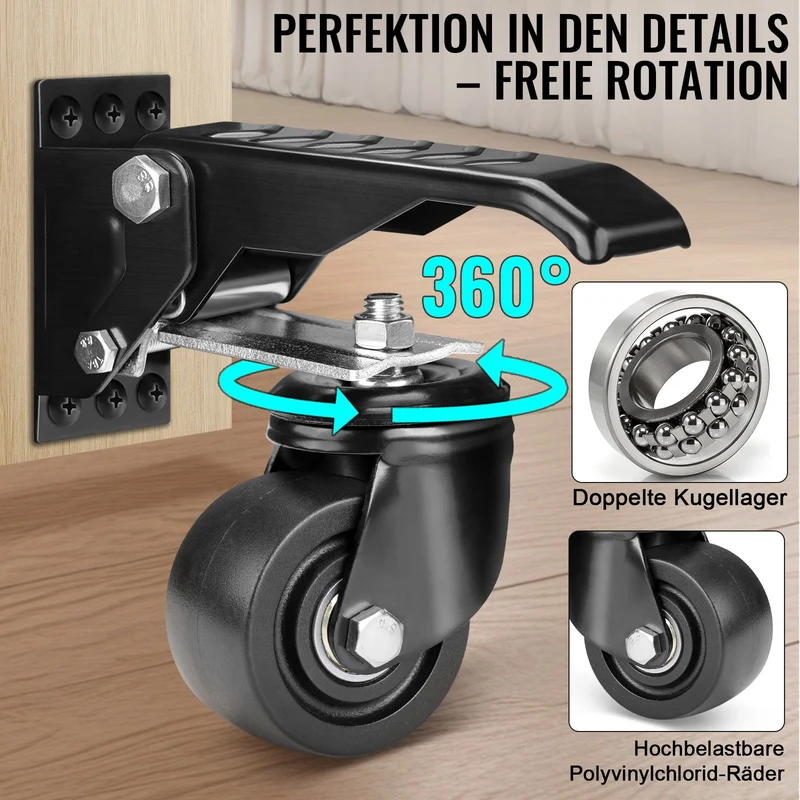 Schwerlastrollen absenkbar für Werkbank – 250kg Traglast, 75mm，360° Drehbar, Pedalmechanismus, Rutschfeste Fußpedale