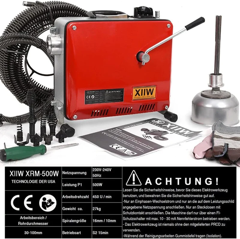 Drain Clean Rohrreinigungsgerät 39.5m Spirale | 500W 450PRMM | für Ø30-100mm Rohrleitungen | 8 Köpfe |