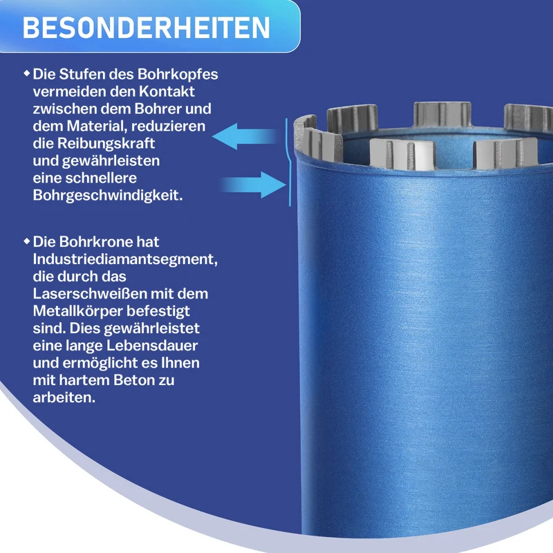 Diamantbohrkrone mit 10mm Turbosegment | 1 ¼ UNC Aufnahme | Nutzlänge 415 mm | Ø 52 mm-Ø 200 mm |