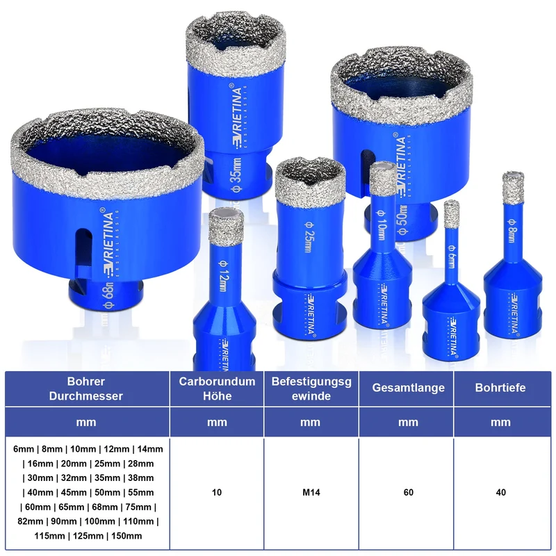 Diamant Trockenbohrer M14 – 16–150 mm für Fliesen, Granit & Feinsteinzeug – 23 Größen