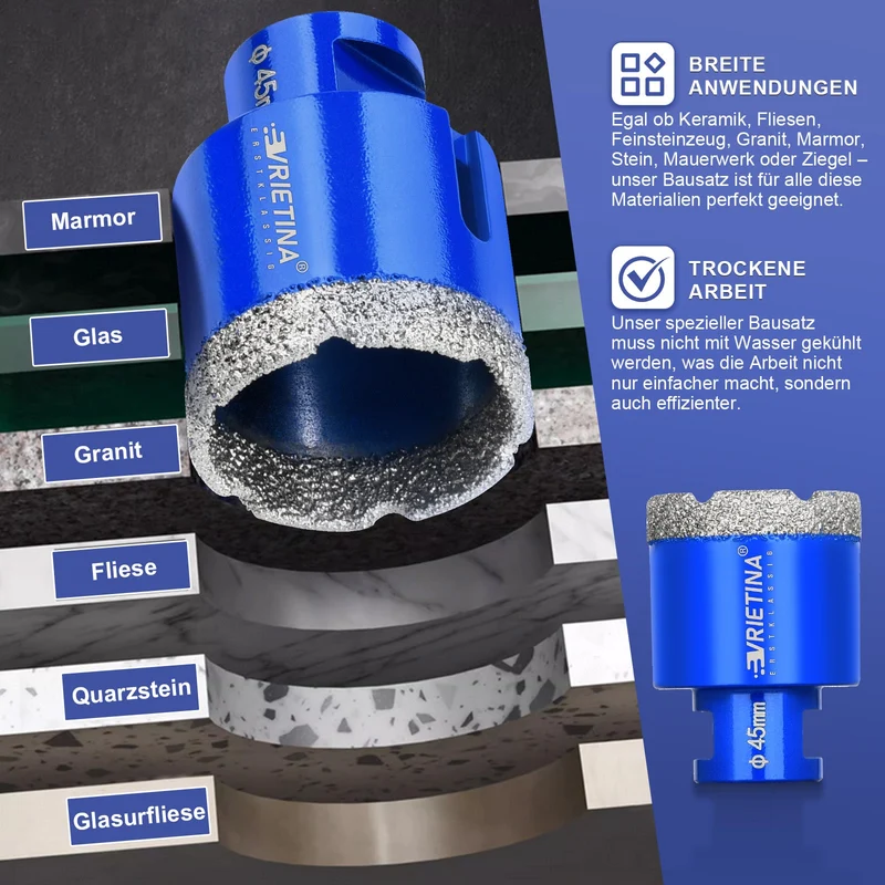Diamant Trockenbohrer M14 – 16–150 mm für Fliesen, Granit & Feinsteinzeug – 23 Größen