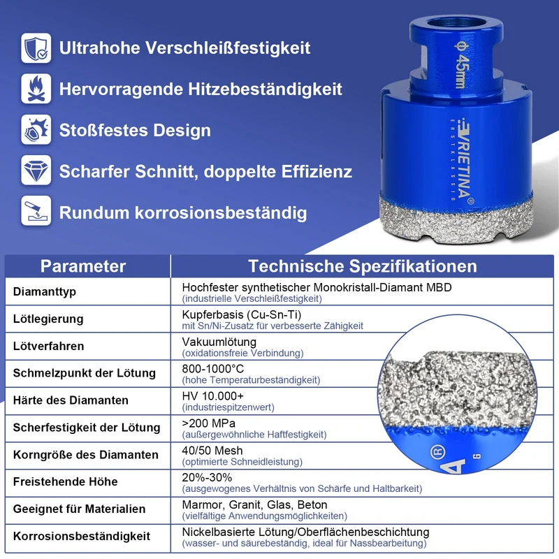Diamant Trockenbohrer M14 – 16–150 mm für Fliesen, Granit & Feinsteinzeug – 23 Größen