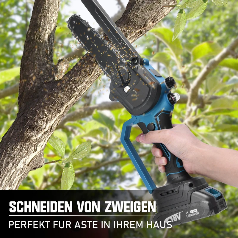 XIIW Akku Mini-Kettensäge 6 & 8 Zoll, bürstenlos, 12 m/s, 2×2,0 Ah Akku, Kettenschmierung, 4 Ketten, Koffer