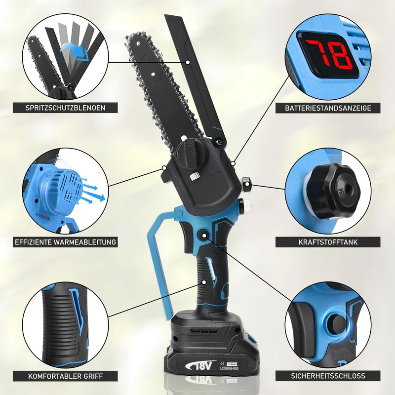 XIIW Akku Mini-Kettensäge 6 & 8 Zoll, bürstenlos, 12 m/s, 2×2,0 Ah Akku, Kettenschmierung, 4 Ketten, Koffer