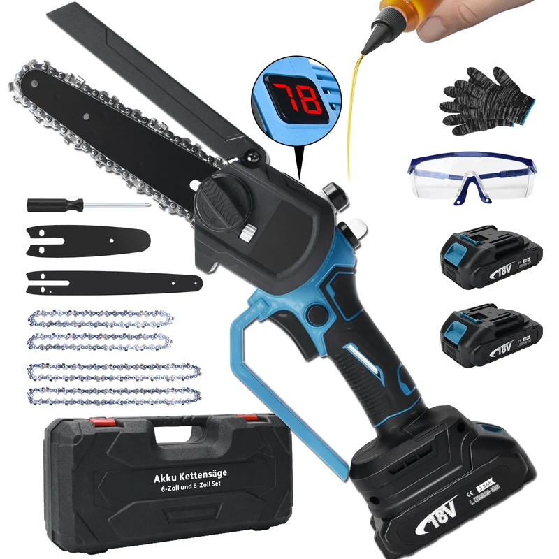 XIIW Akku Mini-Kettensäge 6 & 8 Zoll, bürstenlos, 12 m/s, 2×2,0 Ah Akku, Kettenschmierung, 4 Ketten, Koffer