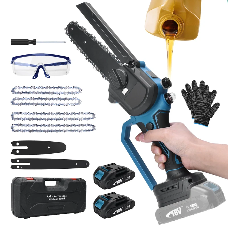 XIIW Akku Mini-Kettensäge 6 & 8 Zoll, bürstenlos, 12 m/s, 2×2,0 Ah Akku, Kettenschmierung, 4 Ketten, Koffer