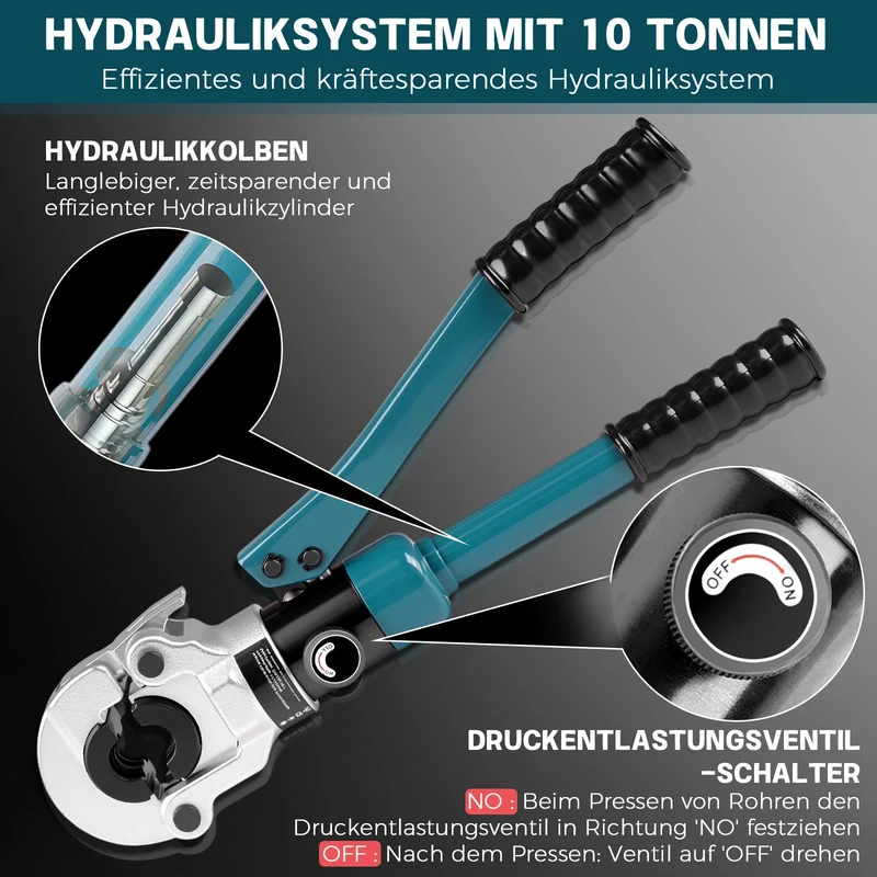 XIIW Hydraulische Rohrpresszange 100kN | Presszange für Verbundrohr & Kupfer | TH 16-32 & V 12-28 Kontur | Profi Presswerkzeug-Set