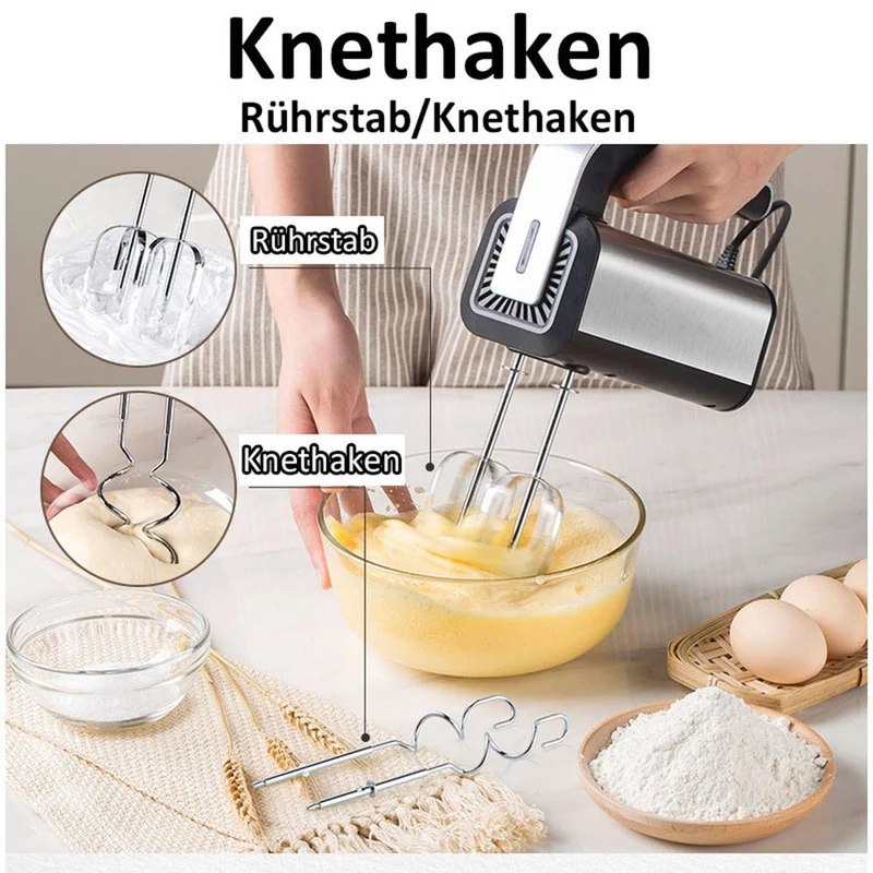 XIIW Elektrischer Handmixer 800W Edelstahl | 5 Geschwindigkeiten Handrührgerät mit Auswurftaste | 800 Watt Schneebesen & Knethaken Set