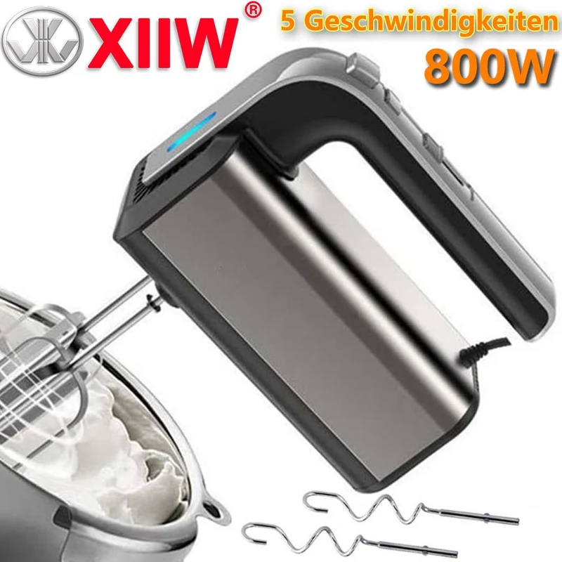 XIIW Elektrischer Handmixer 800W Edelstahl | 5 Geschwindigkeiten Handrührgerät mit Auswurftaste | 800 Watt Schneebesen & Knethaken Set